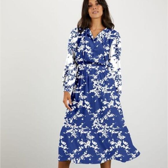 Tucker Juliette Dress Love Duet Cadet White in Crepe de Chine Silk Midi Floral - Picture 1 of 2
